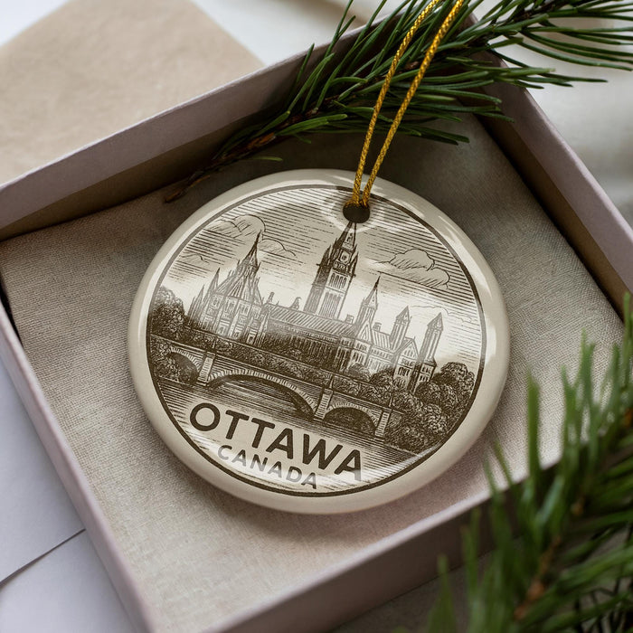 A circular ornament with a drawing of a city skyline, specifically Ottawa, Canada, is displayed in a box with pine branches.