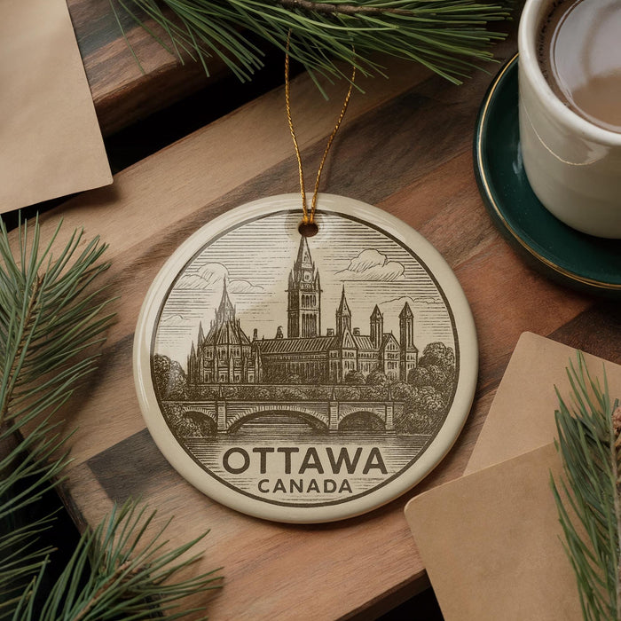 A decorative ornament featuring a cityscape of Ottawa, Canada, with a bridge and trees, is displayed on a wooden surface alongside a cup of coffee and some papers.