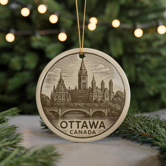 A circular ornament featuring an illustration of the Canadian Parliament building in Ottawa, with the text "Ottawa, Canada" prominently displayed.