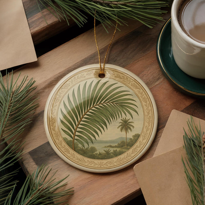 a round ceramic ornament with a palm tree design, placed on a wooden surface alongside a cup of coffee and some papers.