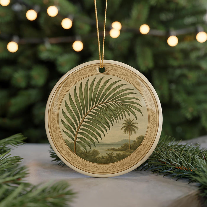 A round ornament with a palm tree design is displayed on a table, surrounded by pine branches and lights.