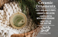 Ceramic ornaments, featuring a palm tree design, are displayed in a woven basket.