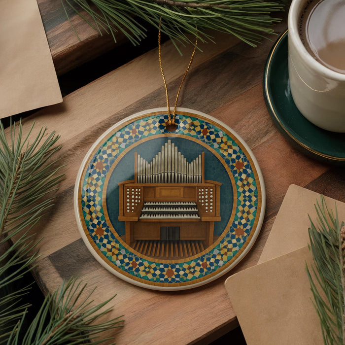 A decorative ornament featuring an organ, surrounded by pine branches and a cup of coffee on a wooden surface.