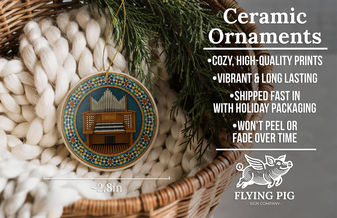 Ceramic ornaments, featuring a colorful design of a pipe organ, are displayed in a wicker basket.