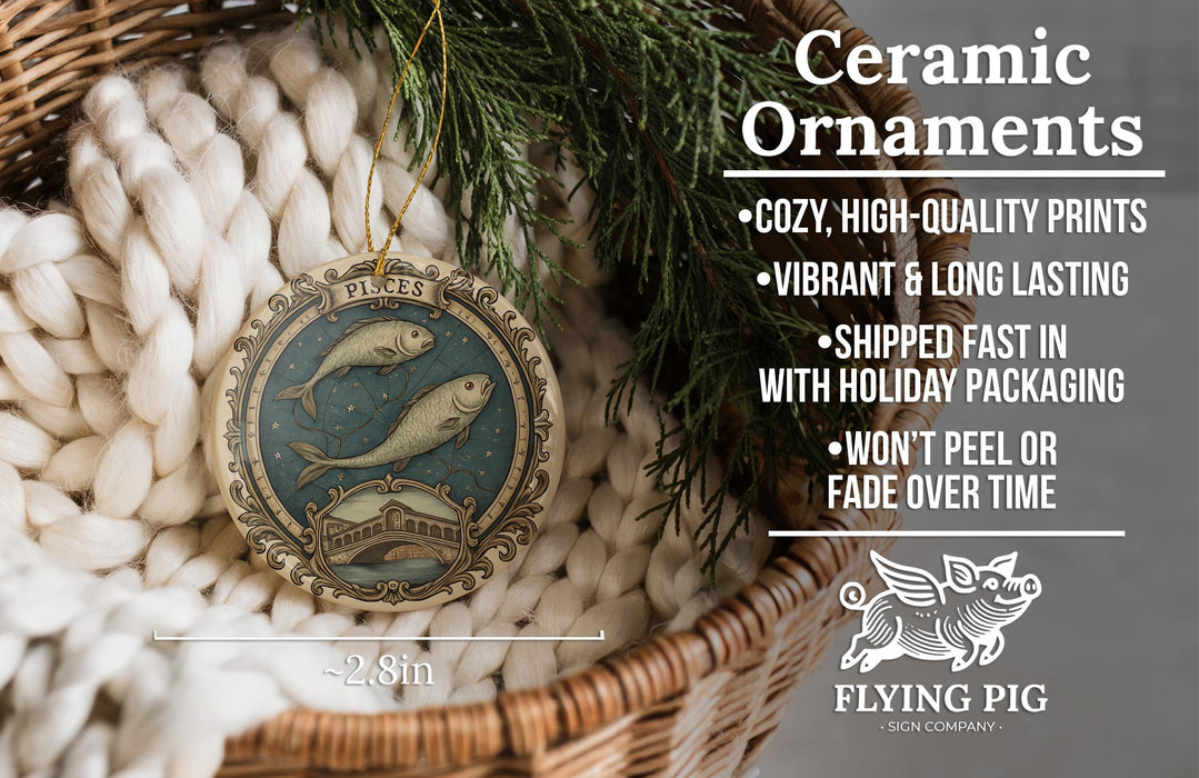 Ceramic ornaments, featuring a detailed design of two fish, are displayed in a woven basket. The text highlights the ornaments as "Ceramic Ornaments" and provides information about their features, such as being "Cozy, High-quality Prints", "Vibrant & Long Lasting", "Shipped Fast in with Holiday Packaging", and " Won't Peel or Fade Over Time".