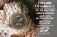 Ceramic ornaments, featuring a detailed design of two fish, are displayed in a woven basket. The text highlights the ornaments as "Ceramic Ornaments" and provides information about their features, such as being "Cozy, High-quality Prints", "Vibrant & Long Lasting", "Shipped Fast in with Holiday Packaging", and " Won't Peel or Fade Over Time".
