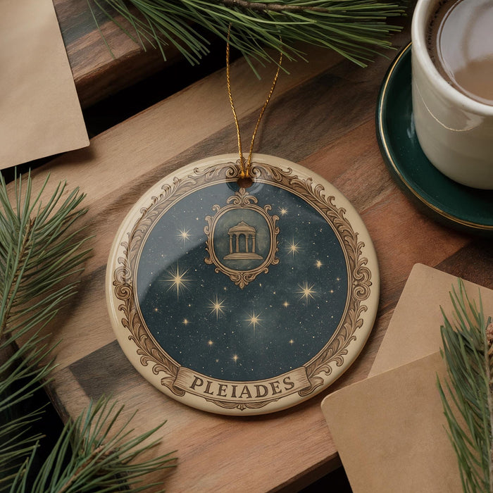 A decorative ornament with a starry night sky design and the word "Pleiades" on it, placed on a wooden surface next to a cup of coffee and some pine branches.