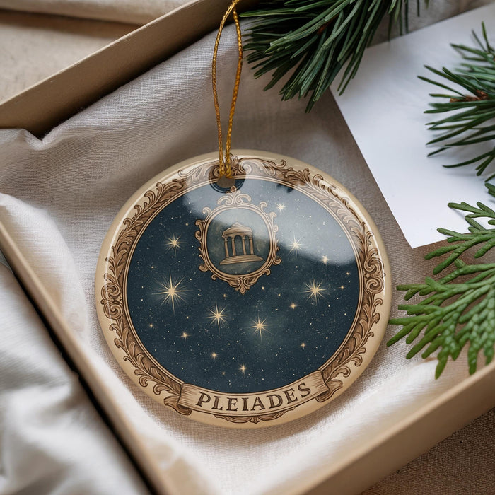 A decorative ornament with a starry night sky design and the word "PLEIADES" on it, hanging from a string.
