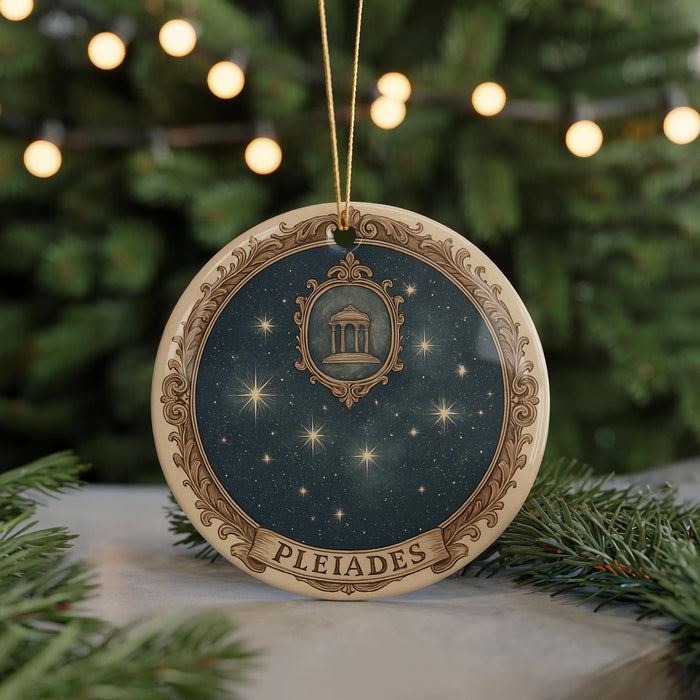 A round ornament with a starry night sky design and the word "PLEIADES" written on it, hanging from a string.