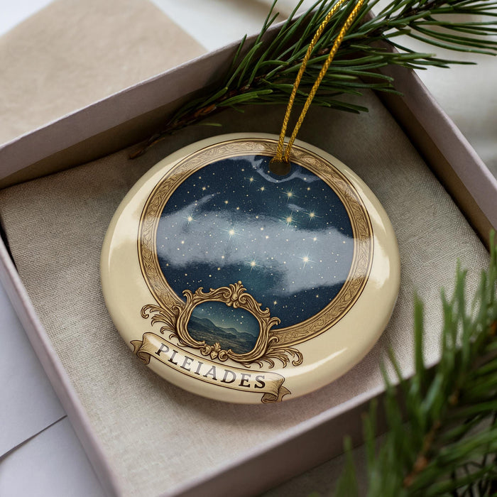 A decorative ornament in a box, featuring a starry night sky and the word "Pleiades" written on it.