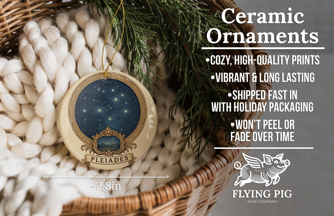 Ceramic ornaments, specifically Pleiades ornaments, are displayed in a wicker basket. The text highlights the ornaments as "cozy, high-quality prints" and "vibrant & long lasting", with a description of their shipping speed and packaging. The image also includes a logo for "Flying Pig - SIGN COMPANY".