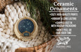 Ceramic ornaments, specifically Pleiades ornaments, are displayed in a wicker basket. The text highlights the ornaments as "cozy, high-quality prints" and "vibrant & long lasting", with a description of their shipping speed and packaging. The image also includes a logo for "Flying Pig - SIGN COMPANY".