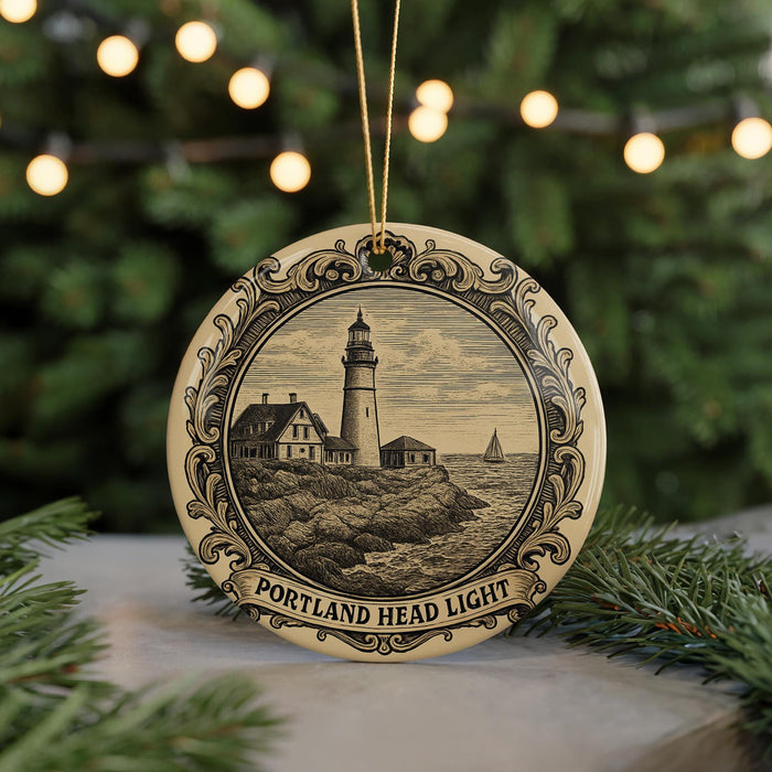 A decorative ornament featuring a lighthouse and a coastal scene, with the text "PORTLAND HEAD LIGHT" prominently displayed.