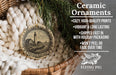 Ceramic ornaments, featuring a lighthouse and Portland Head Light, are displayed in a woven basket.