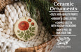Ceramic ornaments, featuring a red rose and green leaves, are displayed in a woven basket.