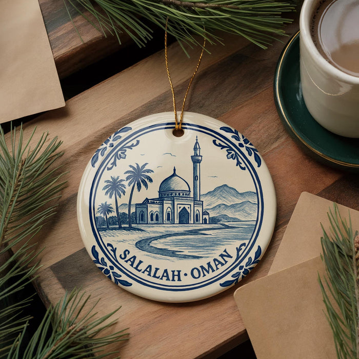 A decorative ornament featuring a mosque and palm trees, with the text "SALALAH - OMAN" around the edge. The ornament is placed on a wooden surface, surrounded by pine branches and a cup of coffee.