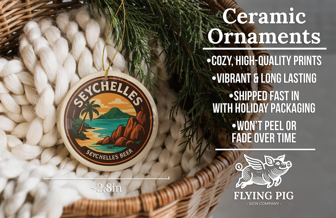 Ceramic ornaments, specifically Seychelles beer ornaments, are displayed in a woven basket.