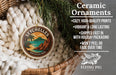 Ceramic ornaments, specifically Seychelles beer ornaments, are displayed in a woven basket.