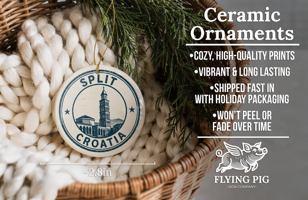 a ceramic ornament with a design of Split Croatia, hanging from a wicker basket. The ornament is described as a "Ceramic Ornaments" and is made of ceramic material. The image also includes text that highlights the ornament's features, such as its coziness, high-quality prints, vibrant and long-lasting, fast shipping, and the fact that it won't peel or fade over time.