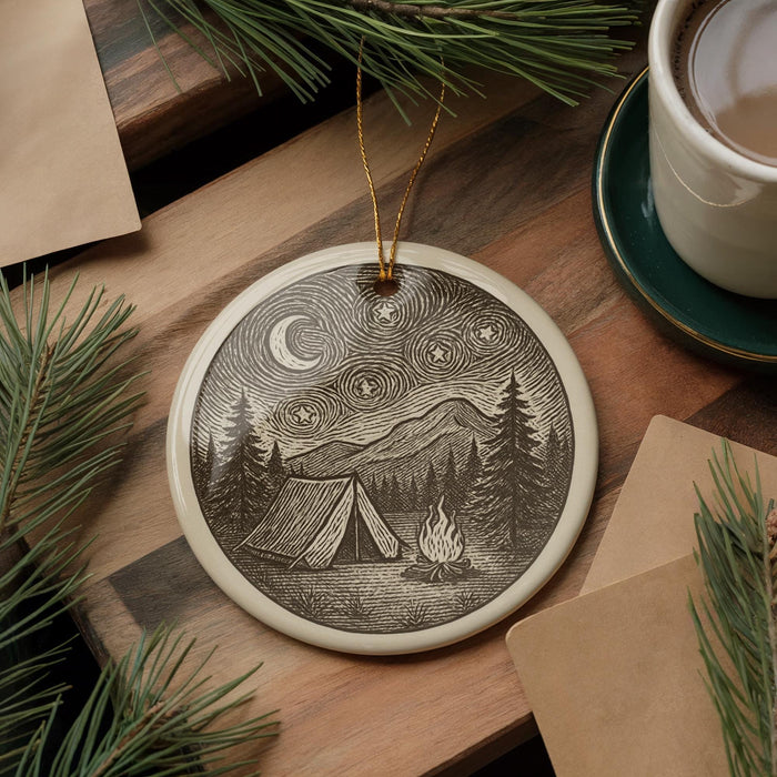 a decorative ceramic ornament depicting a camping scene with a tent, campfire, and mountains in the background, hanging on a wooden surface.