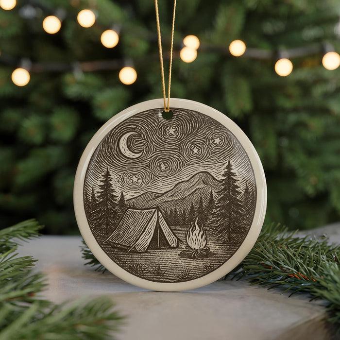 A round ceramic ornament depicting a camping scene with a tent, campfire, and mountains in the background, surrounded by pine trees and a starry night sky.