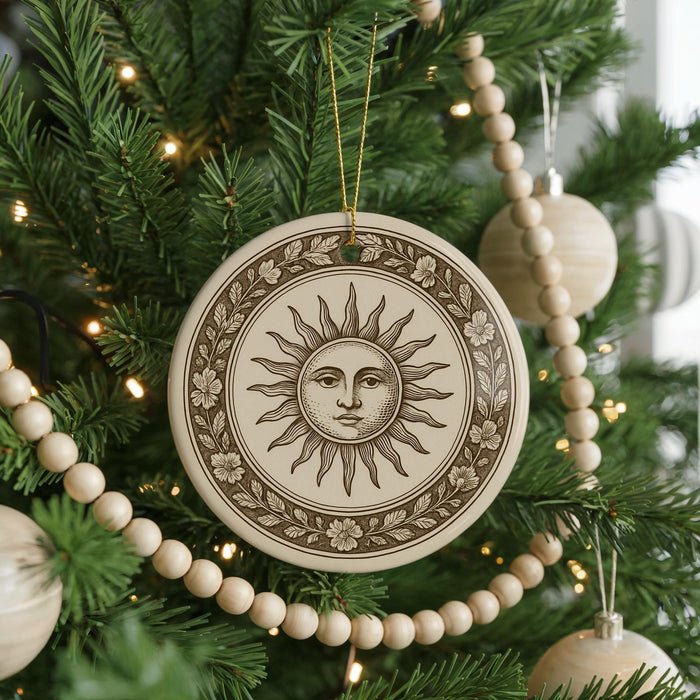 A Christmas tree decorated with ornaments, including a sun-themed ornament with a sun design.