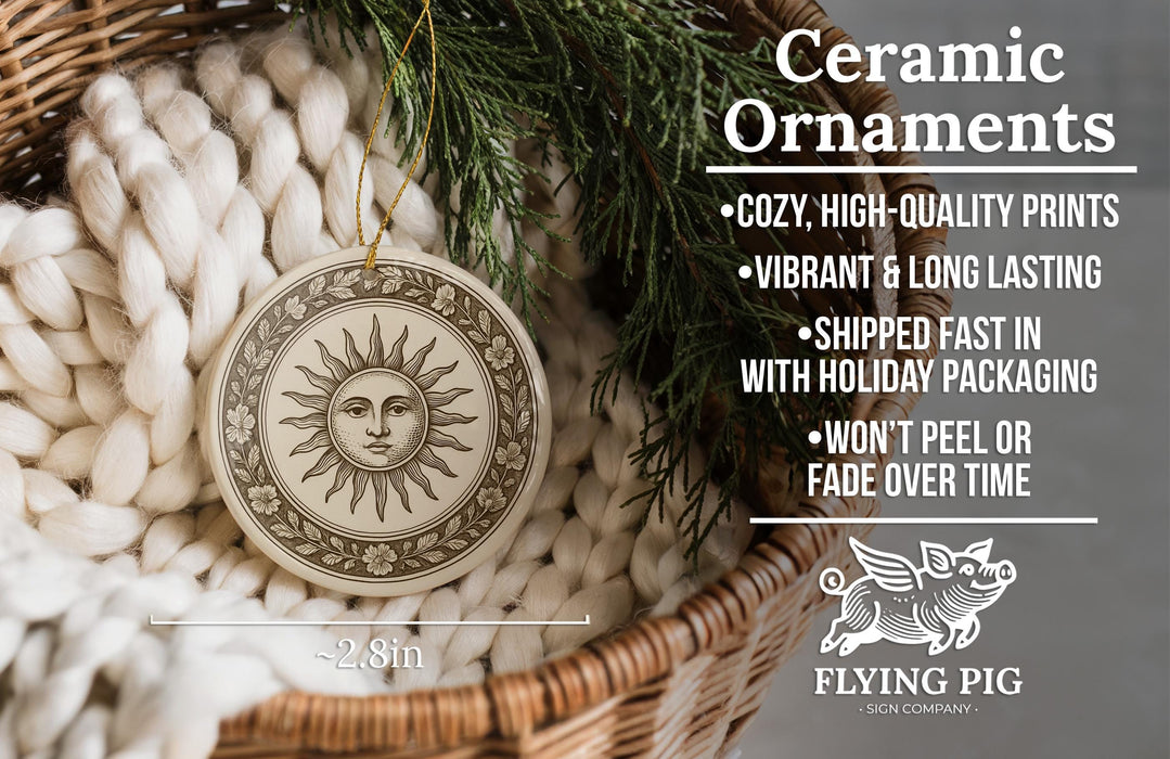 Ceramic ornaments, featuring a sun design, are displayed in a woven basket.