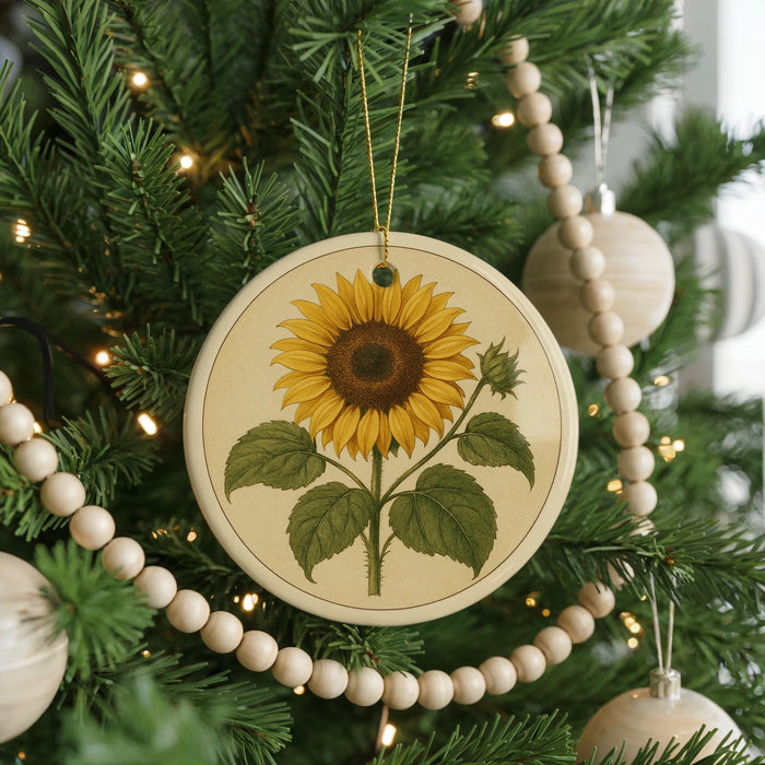 A round ornament featuring a sunflower is hanging from a Christmas tree, surrounded by other ornaments and lights.