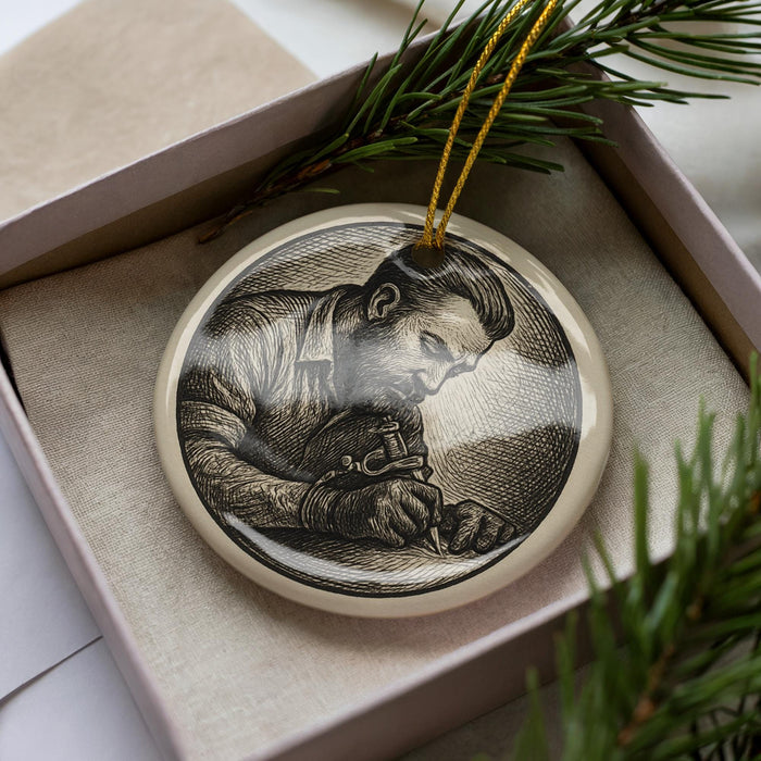 a round ornament with a black and white illustration of a man using a microscope.