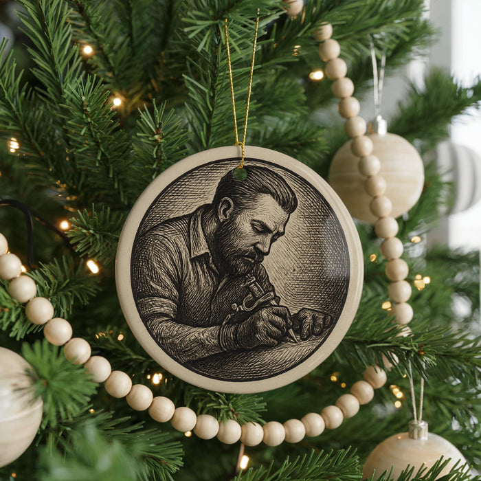 A Christmas tree decorated with ornaments, including a circular ornament featuring a man's portrait.