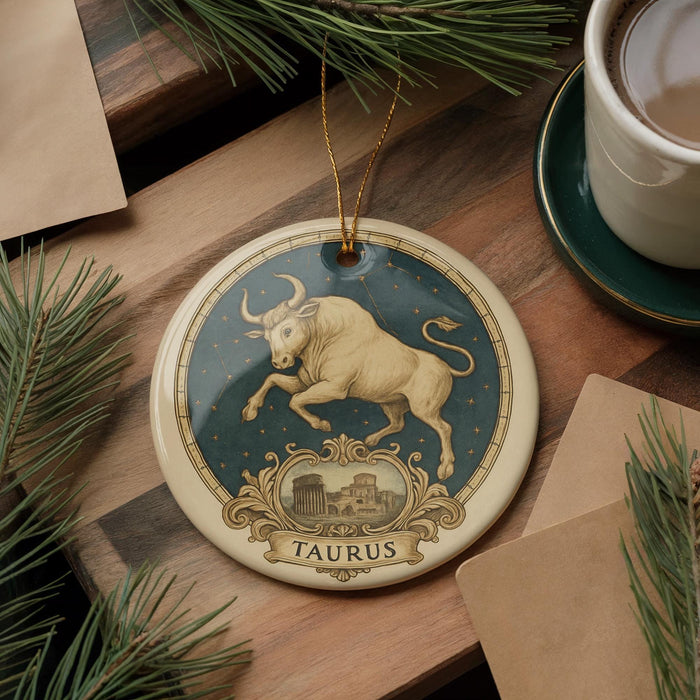 A decorative ornament featuring a bull, which is a zodiac animal, is displayed on a wooden surface alongside a cup of coffee and some pine branches.