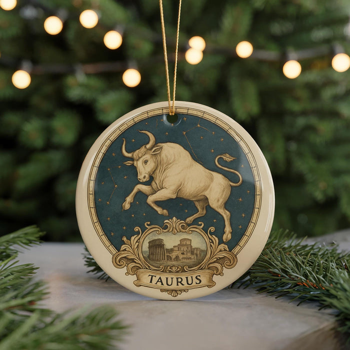 A decorative ornament featuring a bull with horns and a starry night sky, representing the zodiac sign Taurus.