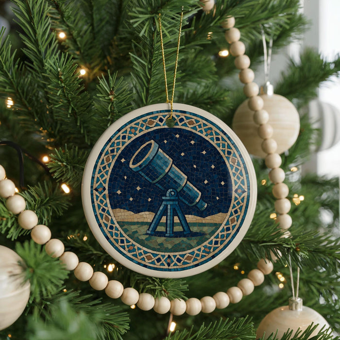 A Christmas tree decorated with ornaments, including a circular ornament with a telescope design and a beaded garland.