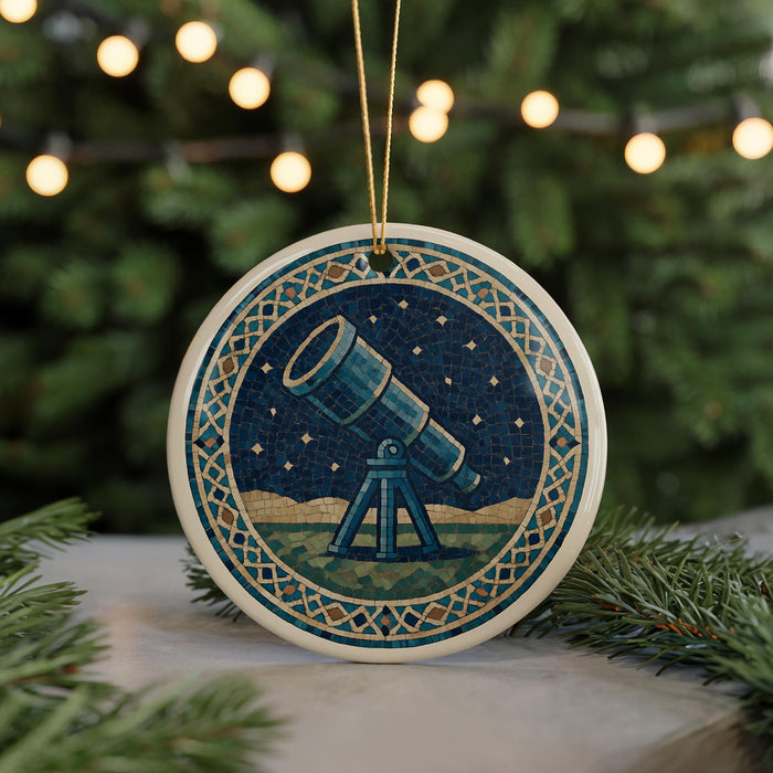 A circular ornament featuring a telescope on a night sky background, surrounded by greenery and twinkling lights.
