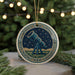A circular ornament featuring a telescope on a night sky background, surrounded by greenery and twinkling lights.