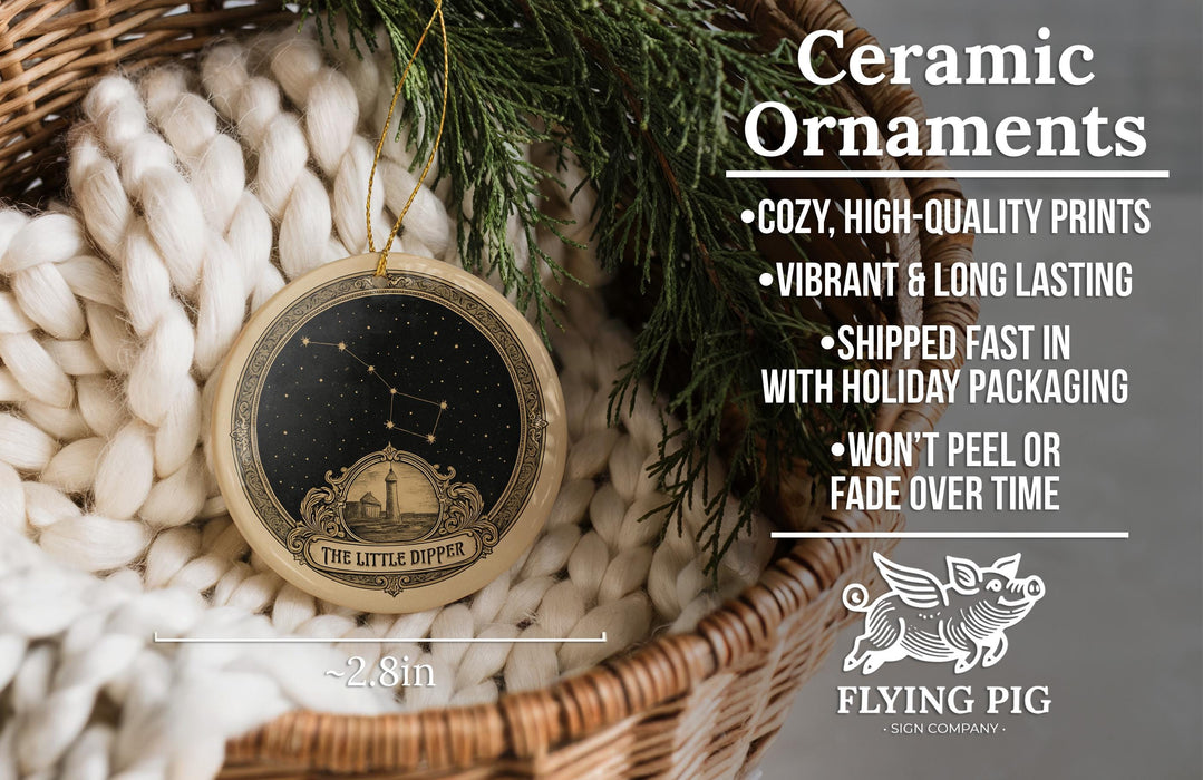 Ceramic ornaments, including a decorative piece with a starry night sky design, are displayed in a woven basket.