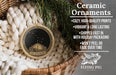 Ceramic ornaments, including a decorative piece with a starry night sky design, are displayed in a woven basket.