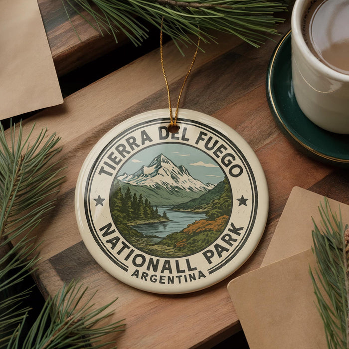 A decorative ornament featuring the text "TIERRA DEL FUEGO NATIONALL PARK ARGENTINA" surrounded by a mountain landscape and pine branches.