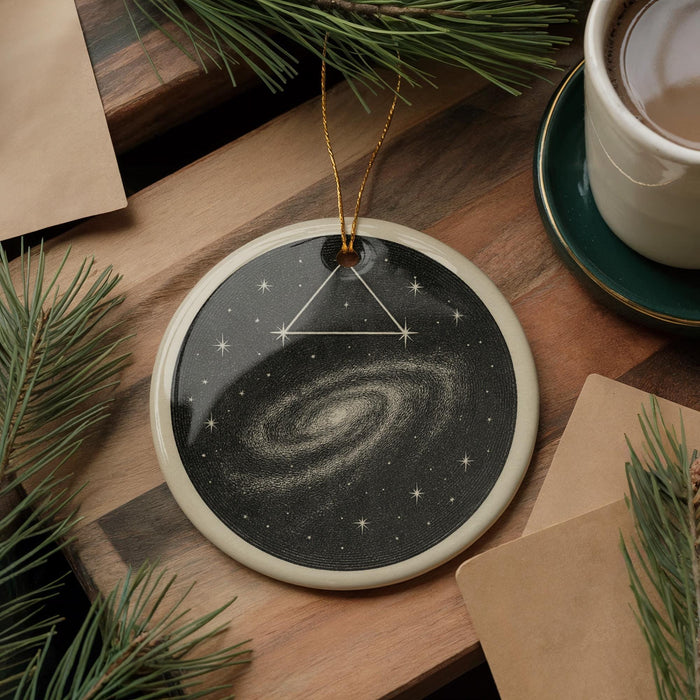 a circular ornament with a starry galaxy design, hanging on a wooden surface. The ornament is placed next to a cup of coffee and some pine branches.