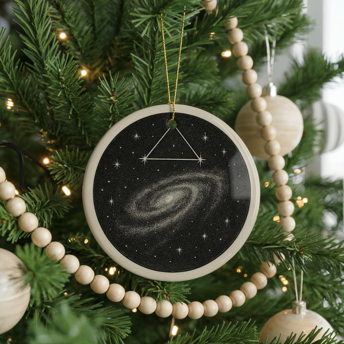 A Christmas tree decorated with ornaments, including a circular ornament with a spiral galaxy design and a wooden bead garland.