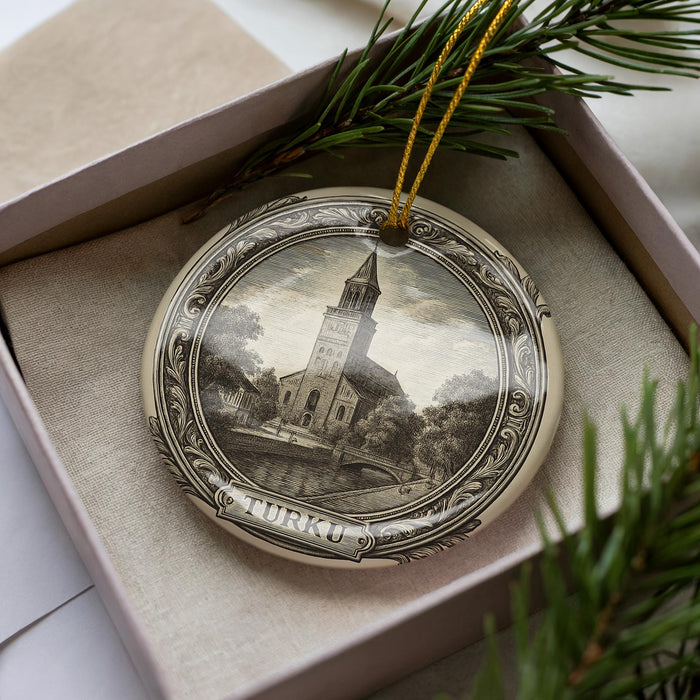 A decorative ornament featuring a church with a steeple, displayed in a box with pine branches.