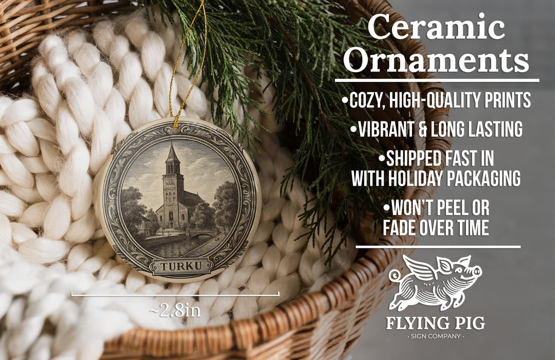 Ceramic ornaments, a wicker basket, and a pine branch are displayed in the image.