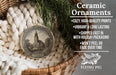 Ceramic ornaments, a wicker basket, and a pine branch are displayed in the image.