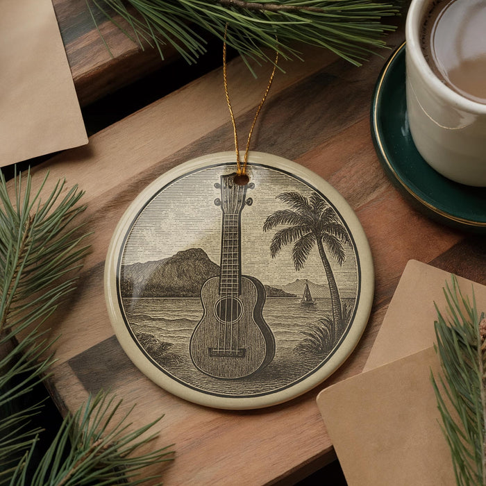 A decorative ornament featuring a guitar and a tropical landscape, placed on a wooden surface alongside a cup of coffee and some pine branches.