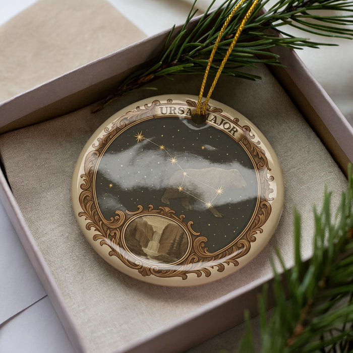 A decorative ornament in a box, featuring a starry night sky and a bear silhouette, with the word "URSAJOR" written on it.
