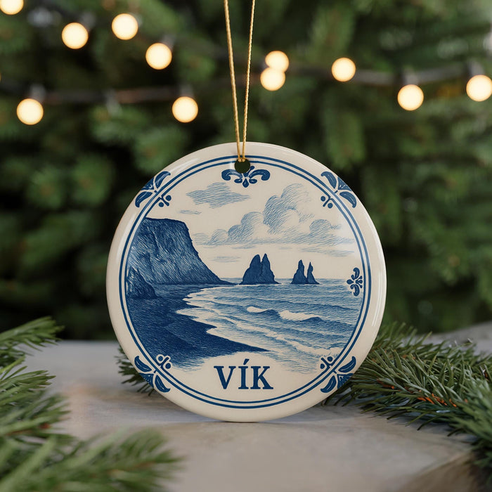 A decorative ornament featuring a blue and white design depicting a coastal scene with mountains, water, and clouds.