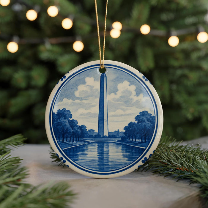 A decorative ornament featuring a blue and white design of the Washington Monument, with a string of lights in the background.