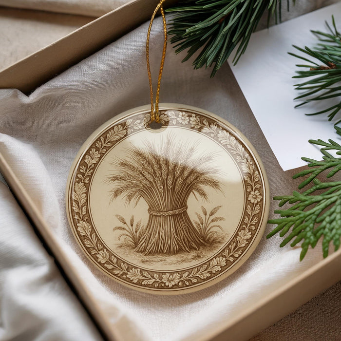 A decorative ornament with a wheat stalk design is displayed in a box, surrounded by pine branches and a white card.
