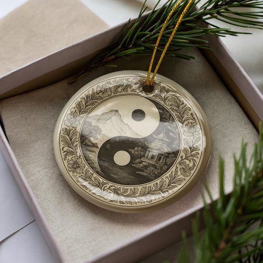 A decorative ornament with a yin and yang symbol, featuring a landscape scene, is displayed in a box with pine branches.