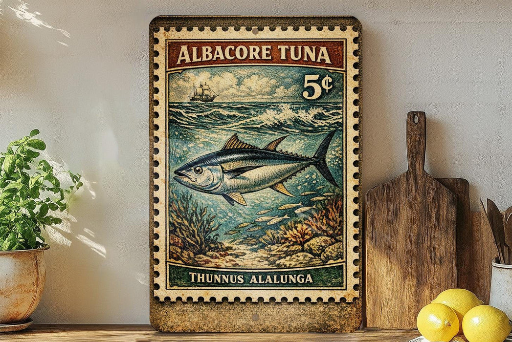 a framed vintage postage stamp with an illustration of a tuna fish, placed on a shelf next to a wooden cutting board and some lemons.